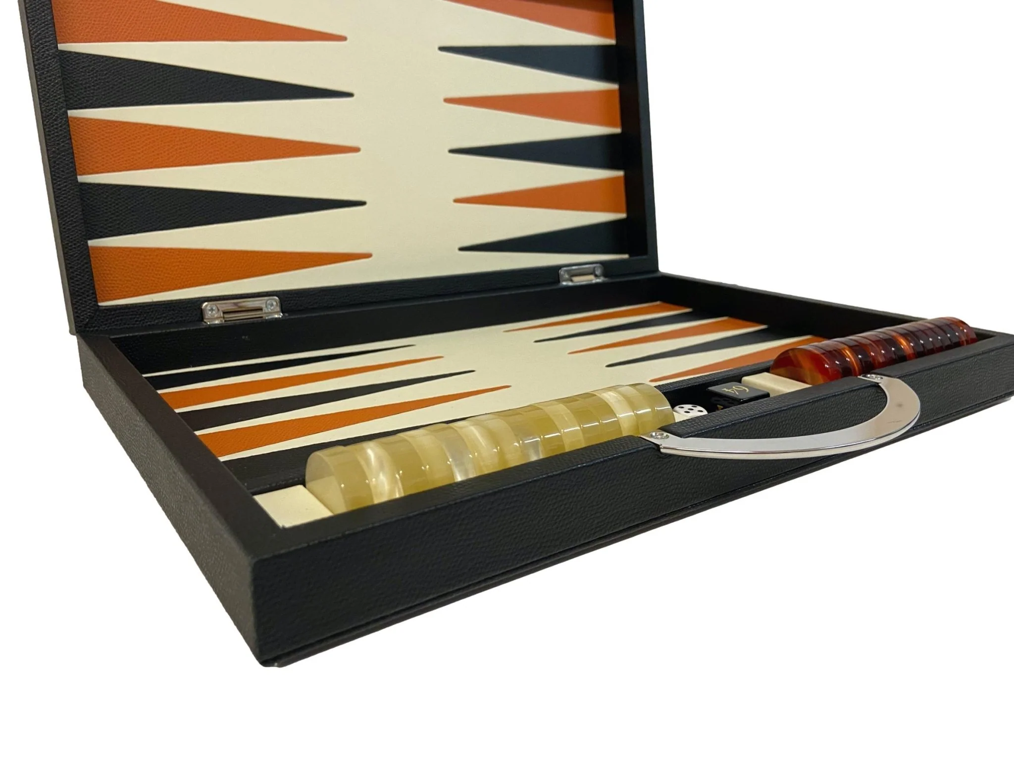 Backgammon Cuir véritable GM - Noir / Orange - Renzo Romagnoli - Image 7