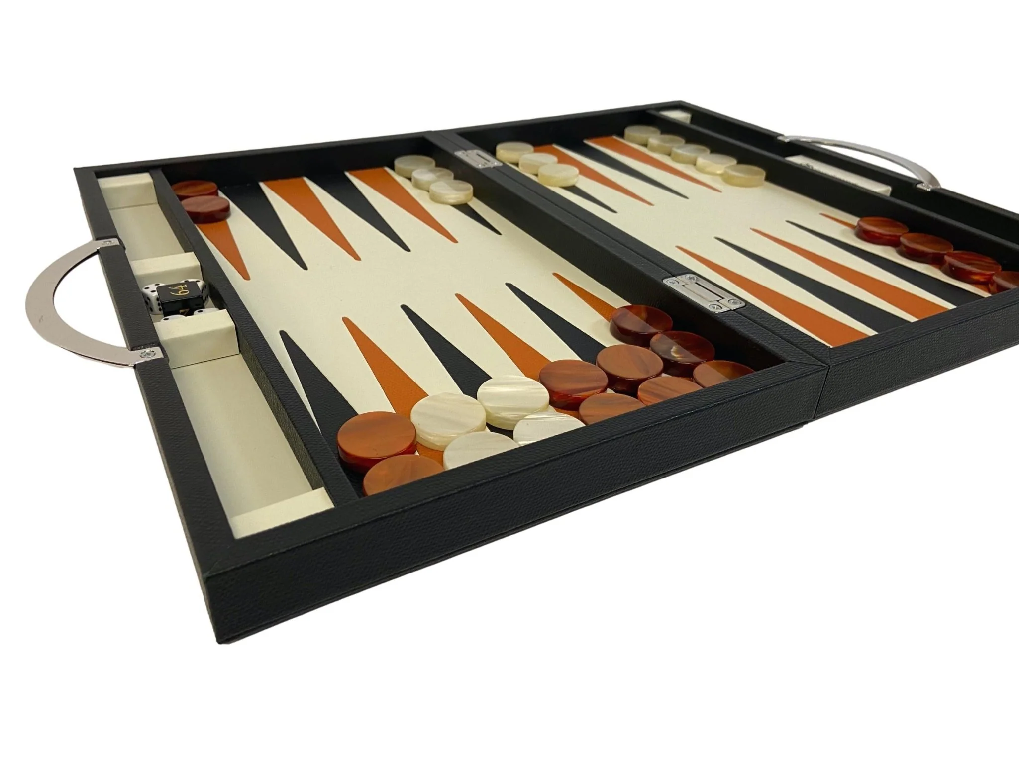 Backgammon en Cuir véritable MM - Noir / Orange - Renzo Romagnoli - Image 3