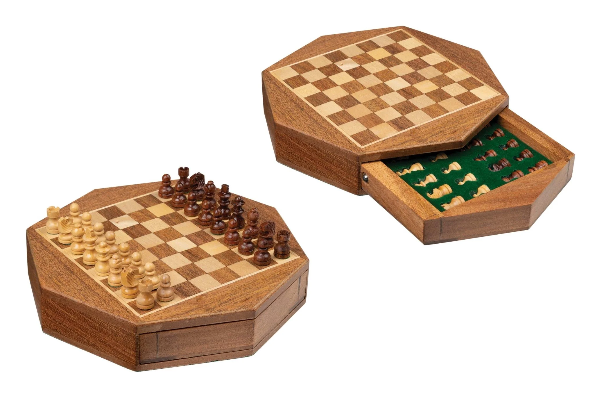 Jeu d'échecs octogonal en acacia et érable - Coffre tiroir - Magnétique