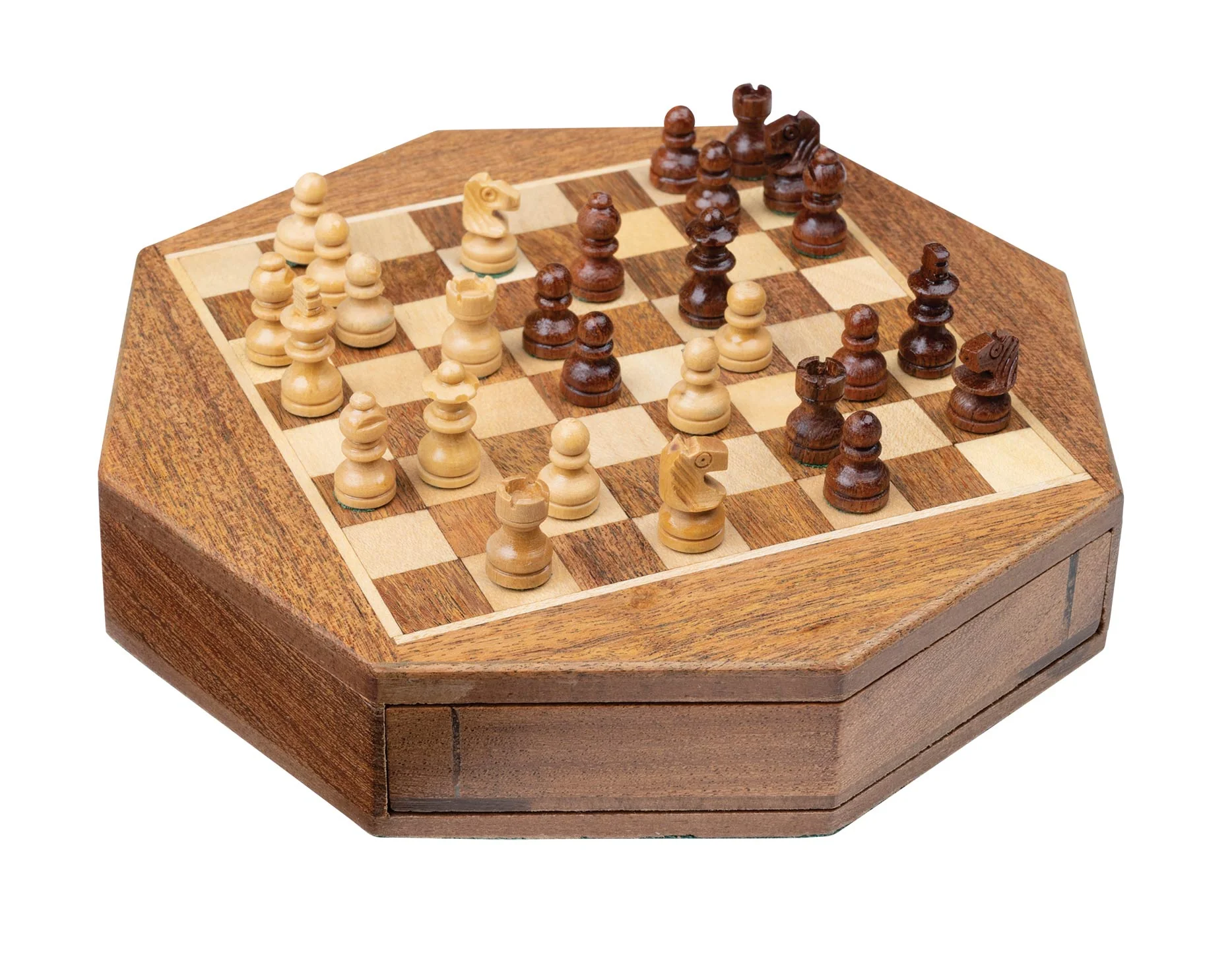 Jeu d'échecs octogonal en acacia et érable - Coffre tiroir - Magnétique - Image 3